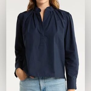 CISSA Women’s Split Neck Puff Sleeve Top Navy Blue Cotton Long Sleeve Size L